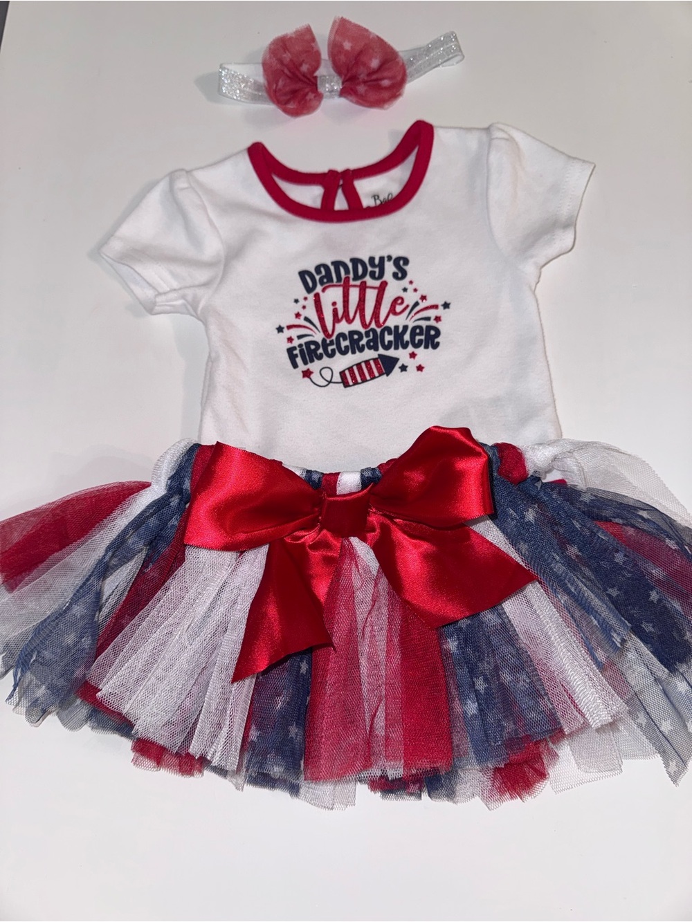 Baby Essentials Red, White & Navy Firecracker Tutu Dress with Bow Headband